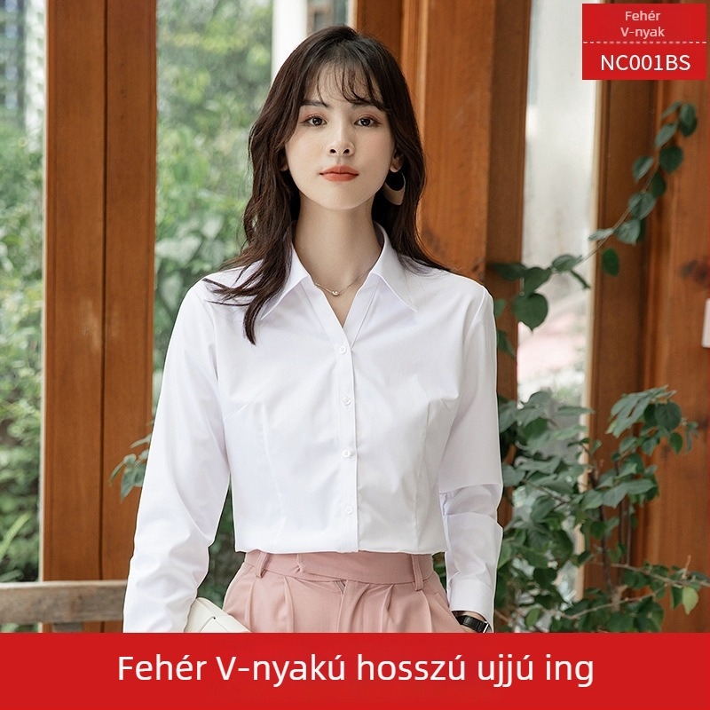 Női ing, hosszú ujjú, V-nyakú, egyszínű, pamut-poliészter keverék, karcsú szabású