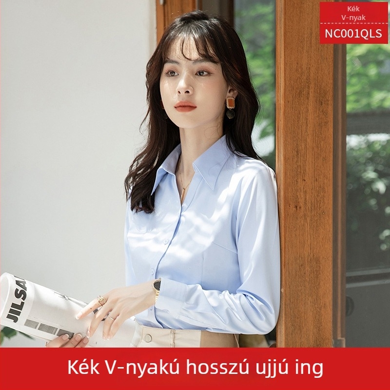 Női ing, hosszú ujjú, V-nyakú, egyszínű, pamut-poliészter keverék, karcsú szabású