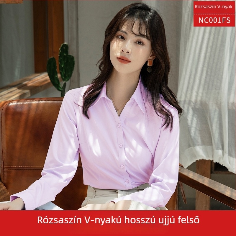 Női ing, hosszú ujjú, V-nyakú, egyszínű, pamut-poliészter keverék, karcsú szabású
