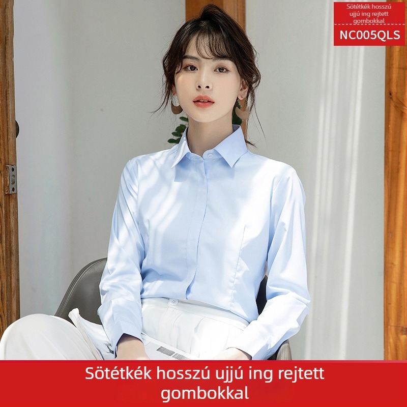 Női ing, hosszú ujjú, V-nyakú, egyszínű, pamut-poliészter keverék, karcsú szabású