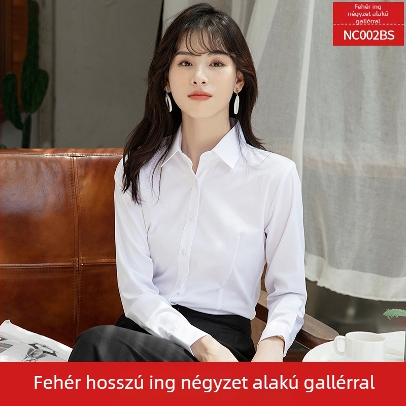 Női ing, hosszú ujjú, V-nyakú, egyszínű, pamut-poliészter keverék, karcsú szabású
