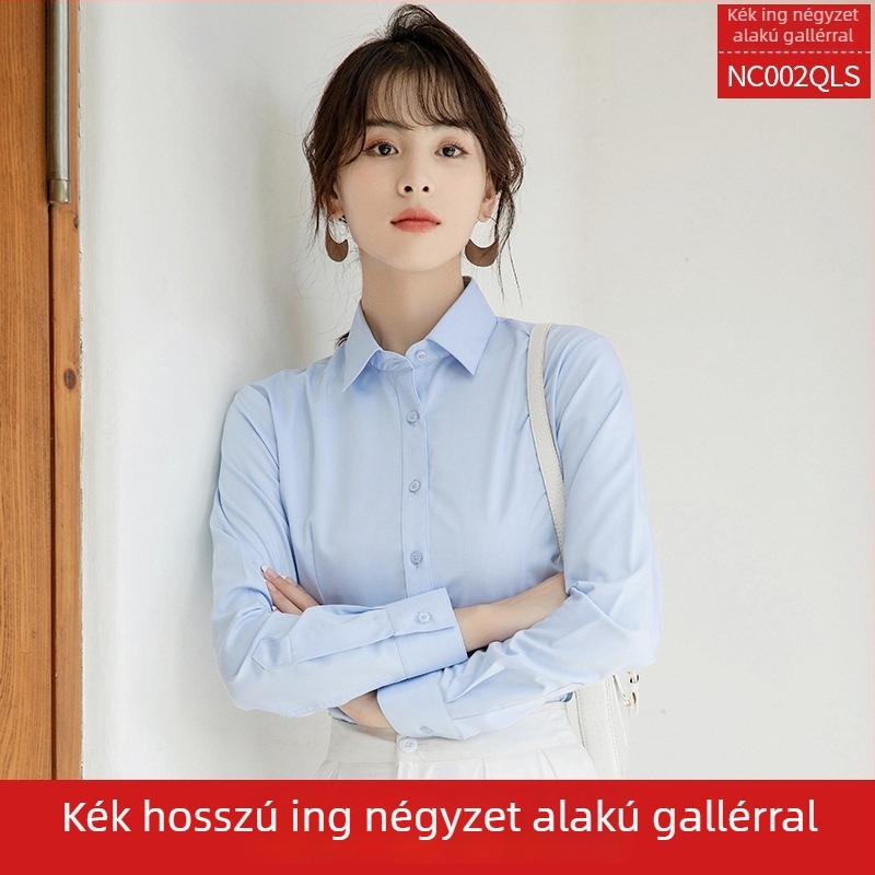 Női ing, hosszú ujjú, V-nyakú, egyszínű, pamut-poliészter keverék, karcsú szabású