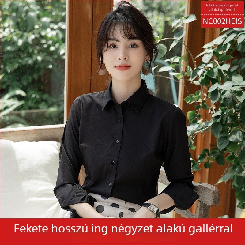 Női ing, hosszú ujjú, V-nyakú, egyszínű, pamut-poliészter keverék, karcsú szabású