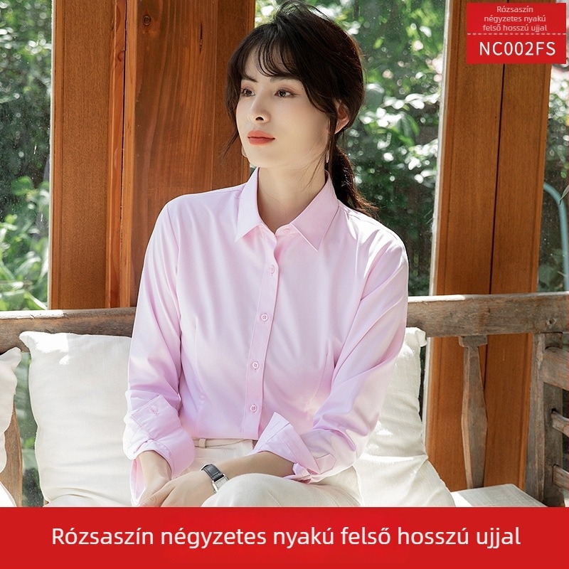 Női ing, hosszú ujjú, V-nyakú, egyszínű, pamut-poliészter keverék, karcsú szabású