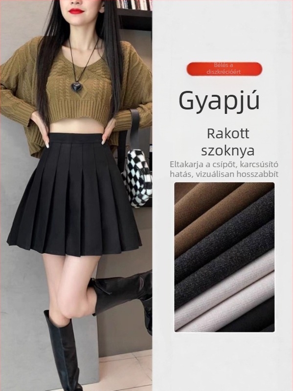 Őszi–téli vastag gyapjúhatású pliszírozott szoknya, magas derék, A-vonal, plusz méret, kis testtömeghez, JK-stílus