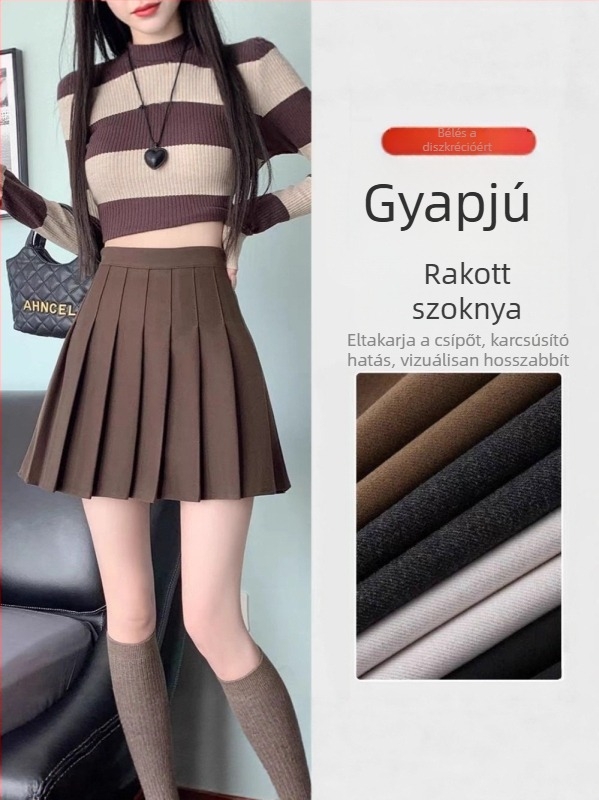 Őszi–téli vastag gyapjúhatású pliszírozott szoknya, magas derék, A-vonal, plusz méret, kis testtömeghez, JK-stílus
