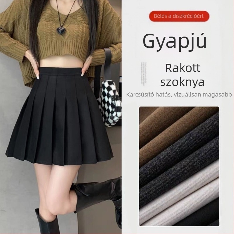 Őszi–téli vastag gyapjúhatású pliszírozott szoknya, magas derék, A-vonal, plusz méret, kis testtömeghez, JK-stílus