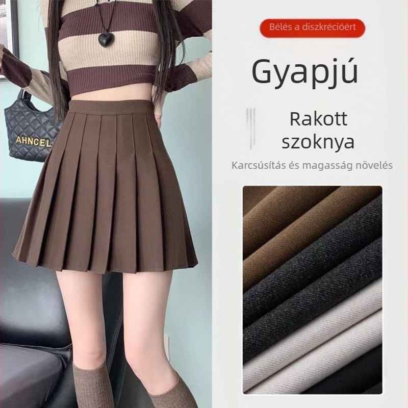 Őszi–téli vastag gyapjúhatású pliszírozott szoknya, magas derék, A-vonal, plusz méret, kis testtömeghez, JK-stílus