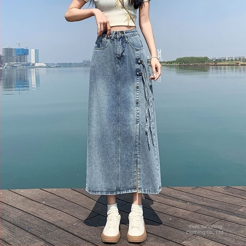 Női denim midi szoknya, tavasz–ősz stílus, kis méret és plusz méret, magas derék, karcsú vonal, kínai városi hatás.