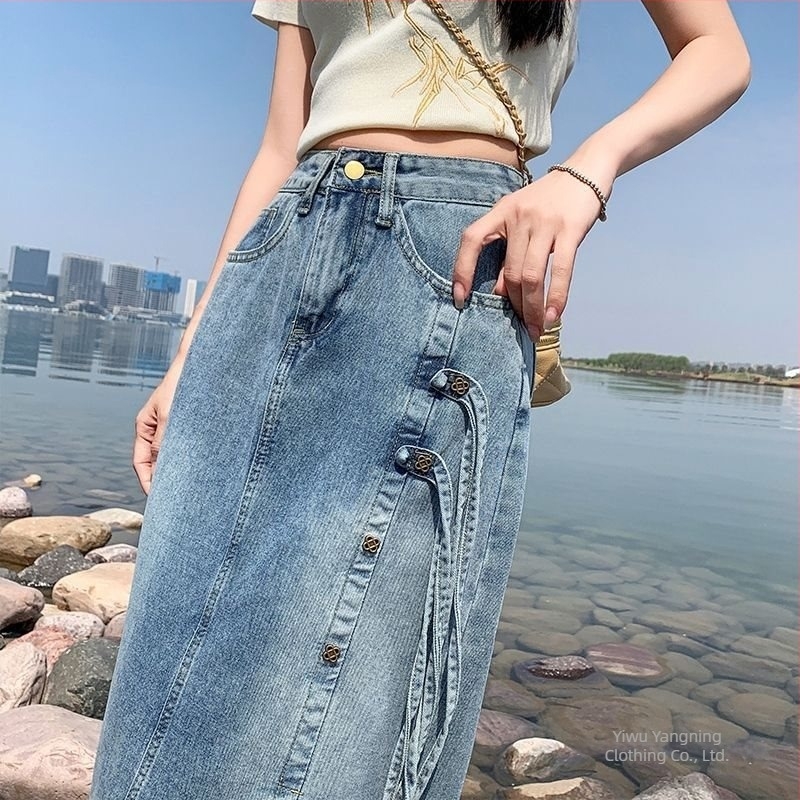 Női denim midi szoknya, tavasz–ősz stílus, kis méret és plusz méret, magas derék, karcsú vonal, kínai városi hatás.