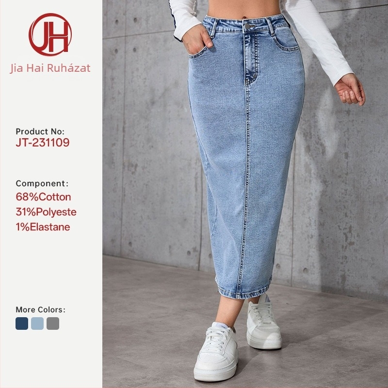 Középmagas derekú, ceruza szabású denim szoknya, középső hosszúságú, egyszínű, hasítékkal, vasalás nélkül, pamut-poliészter keverék