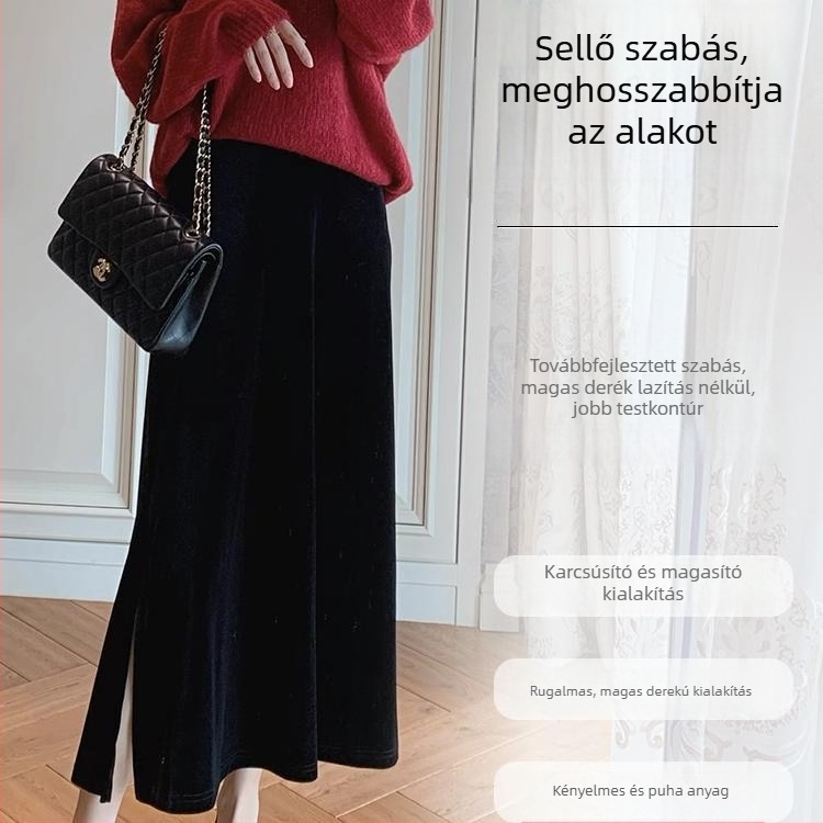 Fekete bársonyos midi szoknya tavasszra, vintage A-vonalú sziluett, nagy méret, hasítás, középméretű hossz, sellő fazon