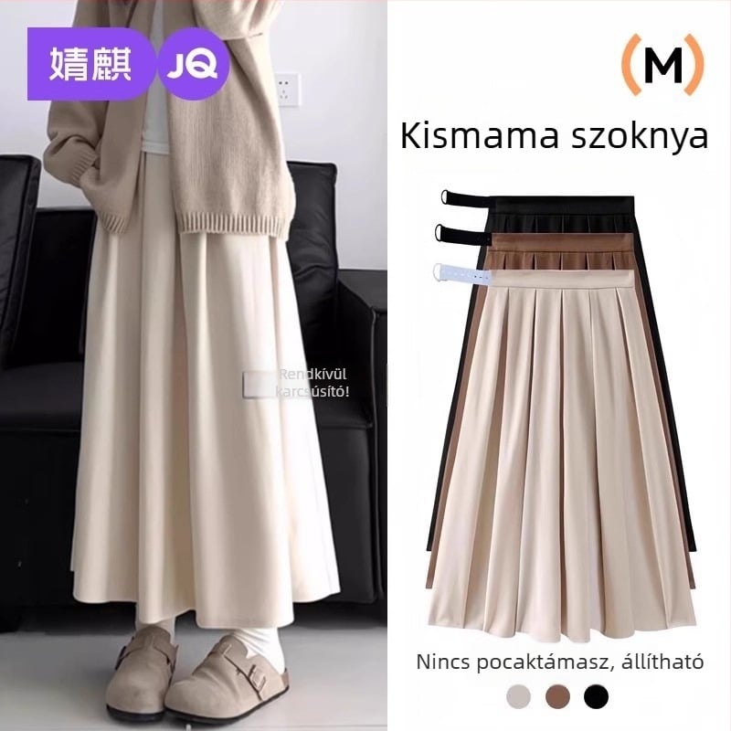 Kismama gyapjúhatású szoknya, fekete, hosszú, A-vonal, has támasztó, plusz méret, tavasz–ősz 2025.