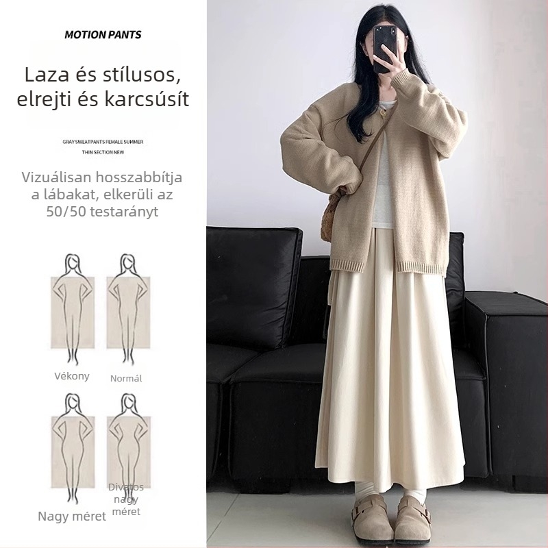 Kismama gyapjúhatású szoknya, fekete, hosszú, A-vonal, has támasztó, plusz méret, tavasz–ősz 2025.