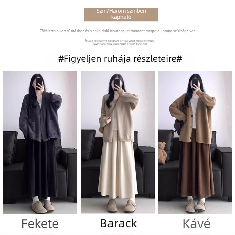 Kismama gyapjúhatású szoknya, fekete, hosszú, A-vonal, has támasztó, plusz méret, tavasz–ősz 2025.