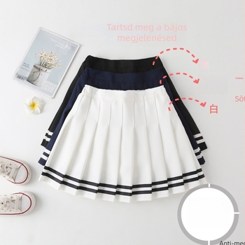 Gyerekeknek szánt pliszírozott, magas derekú A-vonalú JK stílusú szoknya csíkos mintával. Anyag: pamut-poliészter keverék; fő anyag 88% poliészter; bélés 71–80% poliészter.