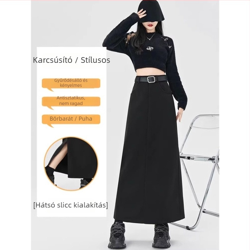 Szürke gyapjú szoknya hasítékkal nőknek, plusz méret, őszi-téli, magas derék, A-vonal, hosszú