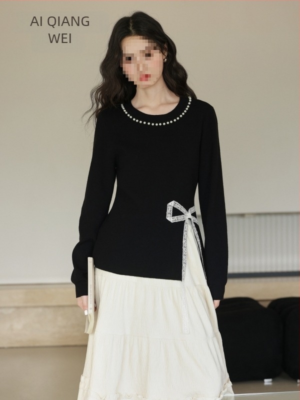 Női gyöngyös kötött pulóver csipkével díszített patchwork, kapucnis, derékig érő hossz