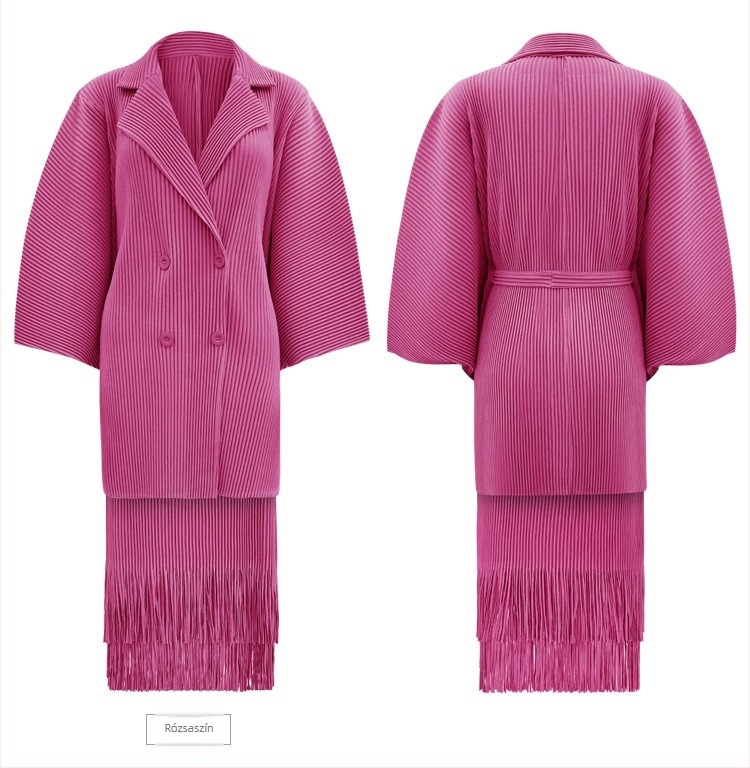 Két darabos szoknyás kosztüm, poliészter, gyűrődéses textúra, 3/4-ujjú, középméretű szoknya