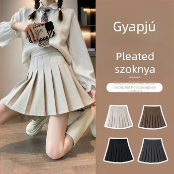 Pliszírozott gyapjú szoknya, magas derekú A-vonal, 95% poliészter, redős textúra, egyetemi stílus