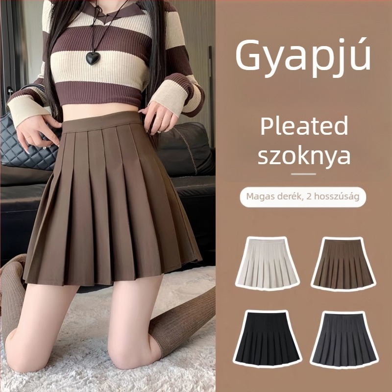 Pliszírozott gyapjú szoknya, magas derekú A-vonal, 95% poliészter, redős textúra, egyetemi stílus