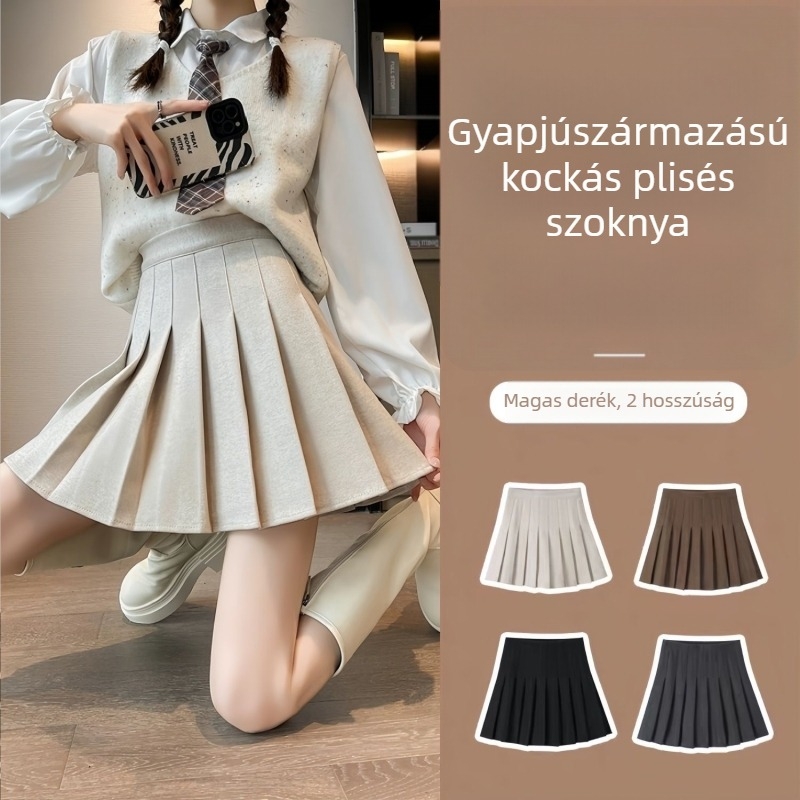 Pliszírozott gyapjú szoknya, magas derekú A-vonal, 95% poliészter, redős textúra, egyetemi stílus
