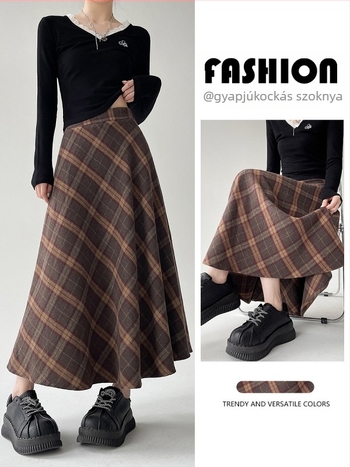 Középmagasságú, magas derekú esernyőszoknya csíkos/kockás mintával; poliészter anyag gyapjúkeverékkel és 30% alatti pamut tartalommal; mikro-elasztikusság; őszi-téli 2025