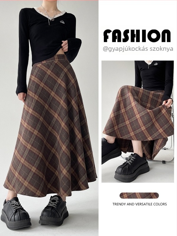 Középmagasságú, magas derekú esernyőszoknya csíkos/kockás mintával; poliészter anyag gyapjúkeverékkel és 30% alatti pamut tartalommal; mikro-elasztikusság; őszi-téli 2025