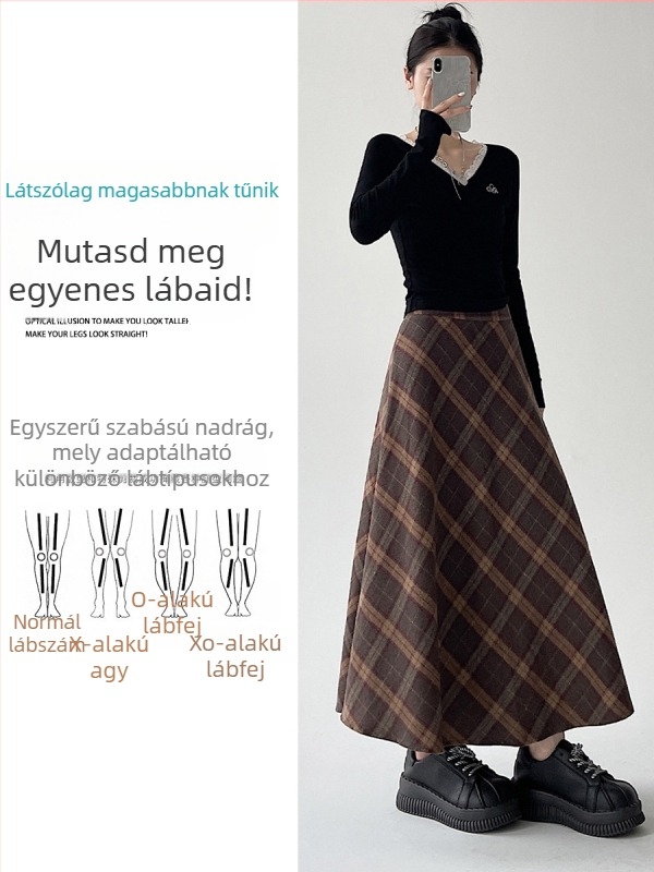 Középmagasságú, magas derekú esernyőszoknya csíkos/kockás mintával; poliészter anyag gyapjúkeverékkel és 30% alatti pamut tartalommal; mikro-elasztikusság; őszi-téli 2025