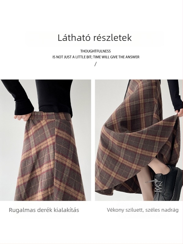 Középmagasságú, magas derekú esernyőszoknya csíkos/kockás mintával; poliészter anyag gyapjúkeverékkel és 30% alatti pamut tartalommal; mikro-elasztikusság; őszi-téli 2025