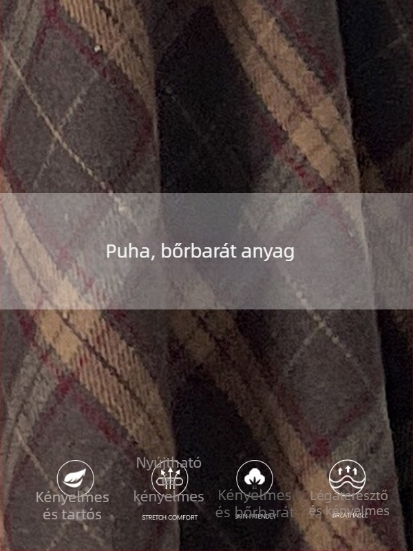 Középmagasságú, magas derekú esernyőszoknya csíkos/kockás mintával; poliészter anyag gyapjúkeverékkel és 30% alatti pamut tartalommal; mikro-elasztikusság; őszi-téli 2025