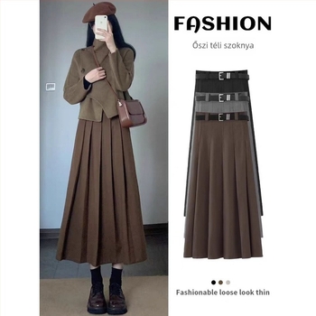 Elegáns kosztüm-stílusú pliszírozott szoknya, magas derék, középhosszú, mikroelasztikus anyag