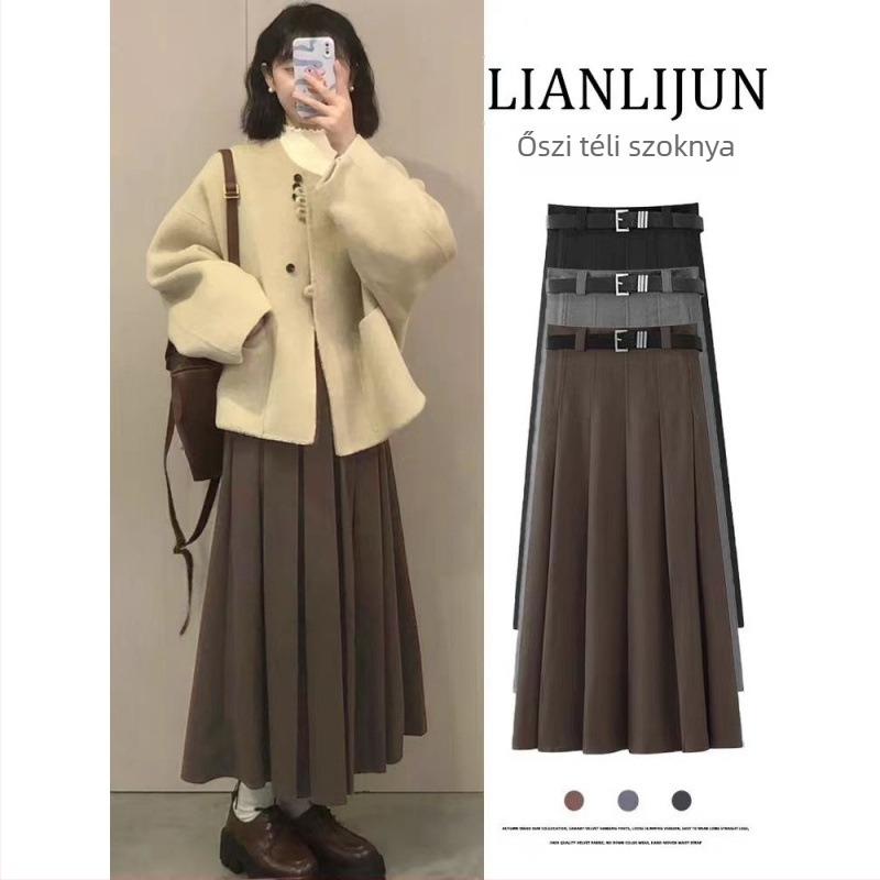 Elegáns kosztüm-stílusú pliszírozott szoknya, magas derék, középhosszú, mikroelasztikus anyag