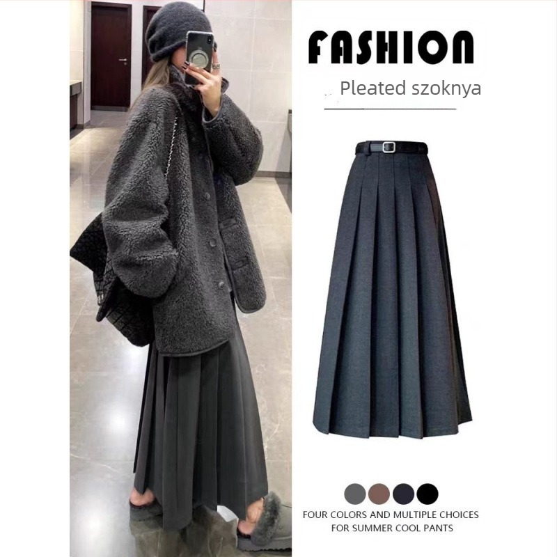 Elegáns kosztüm-stílusú pliszírozott szoknya, magas derék, középhosszú, mikroelasztikus anyag