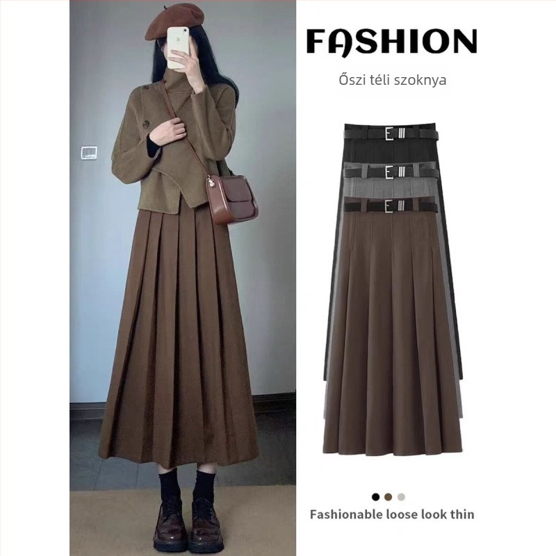 Elegáns kosztüm-stílusú pliszírozott szoknya, magas derék, középhosszú, mikroelasztikus anyag