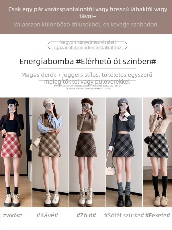 Gyapjúból készült A-vonalú szoknya, magas derékkal, rövid hossz, egyszerű mintázat, retro irodalmi stílus