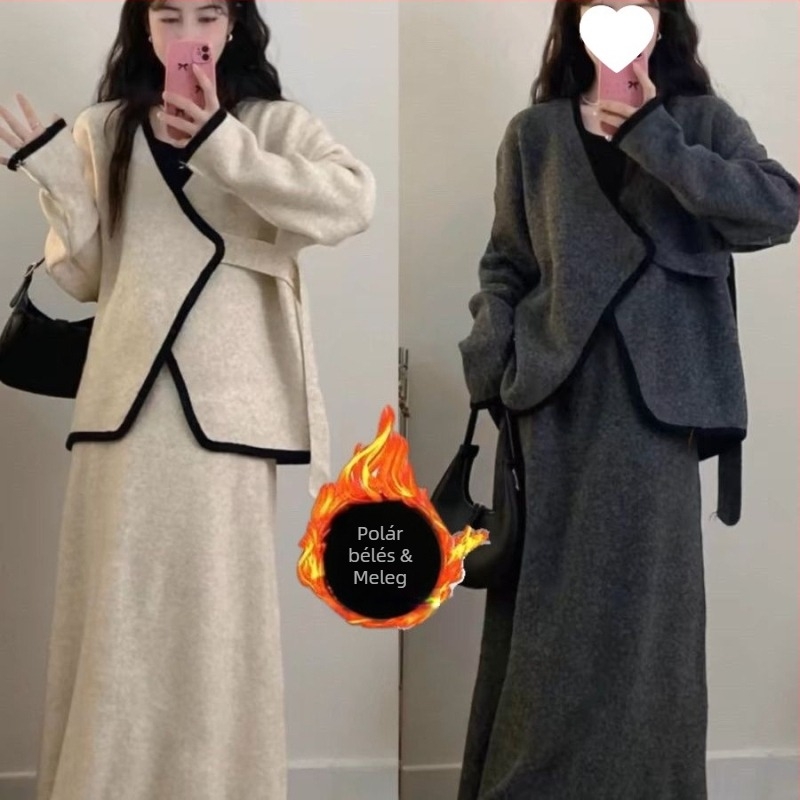 Szoknyás két darabos szett, szabálytalan felső, chenille szövet, spandex 30–50%, szarv alakú ujjú