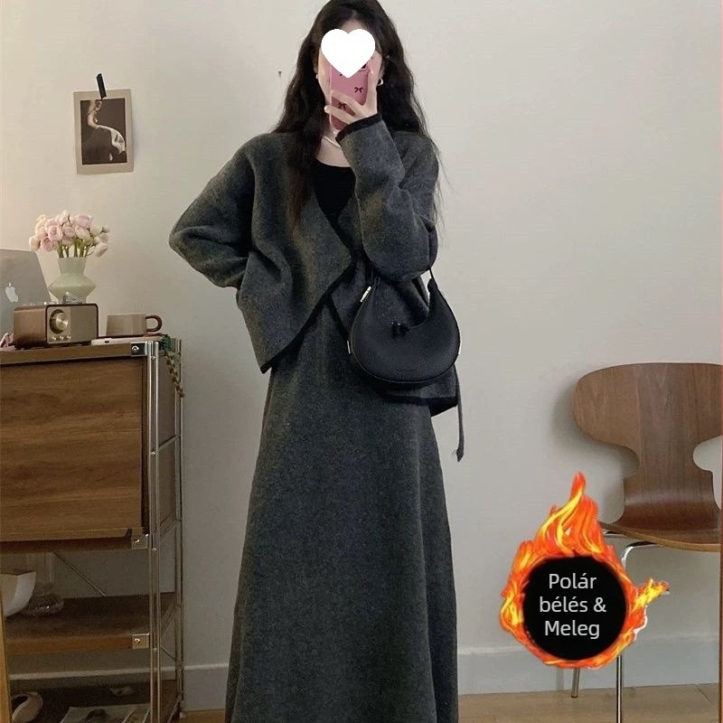 Szoknyás két darabos szett, szabálytalan felső, chenille szövet, spandex 30–50%, szarv alakú ujjú