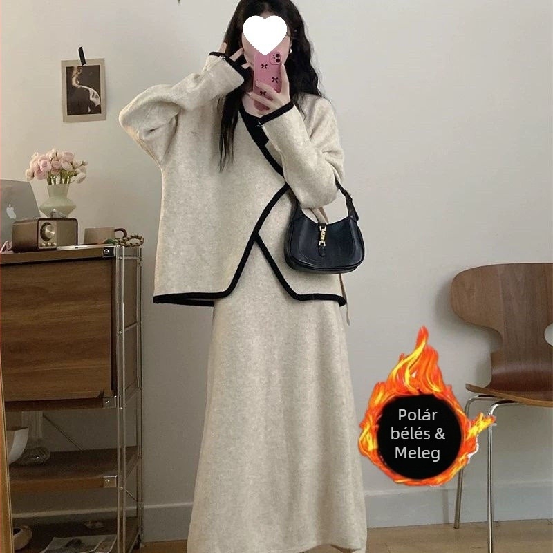 Szoknyás két darabos szett, szabálytalan felső, chenille szövet, spandex 30–50%, szarv alakú ujjú