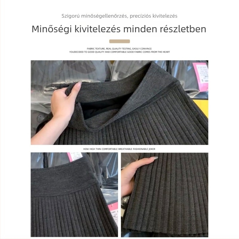 Plusz méretű szürke gyapjú pliszírozott szoknya nőknek, magas derék, A-vonal, JK-stílus, tavasz–ősz