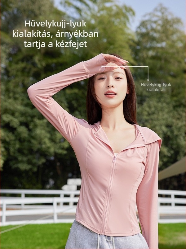 Női UPF50+ napvédő kabát, karcsú szabás, légáteresztő ice silk anyagból, rövid fazon, cipzárral