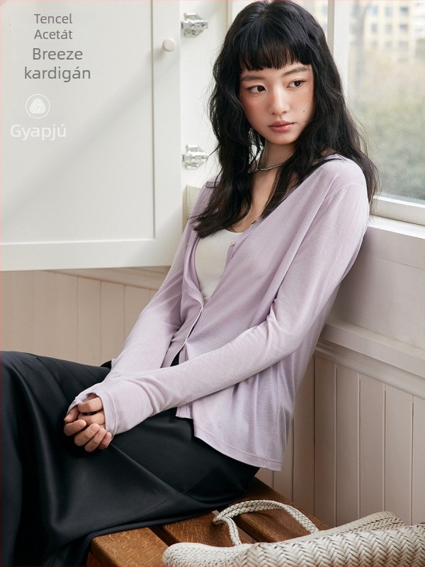 Női gombos kardigán felső, Lyocell (Tencel) 30–50% és gyapjú <30%, hosszú ujjú, fél-nyitott gallér, közép hosszú