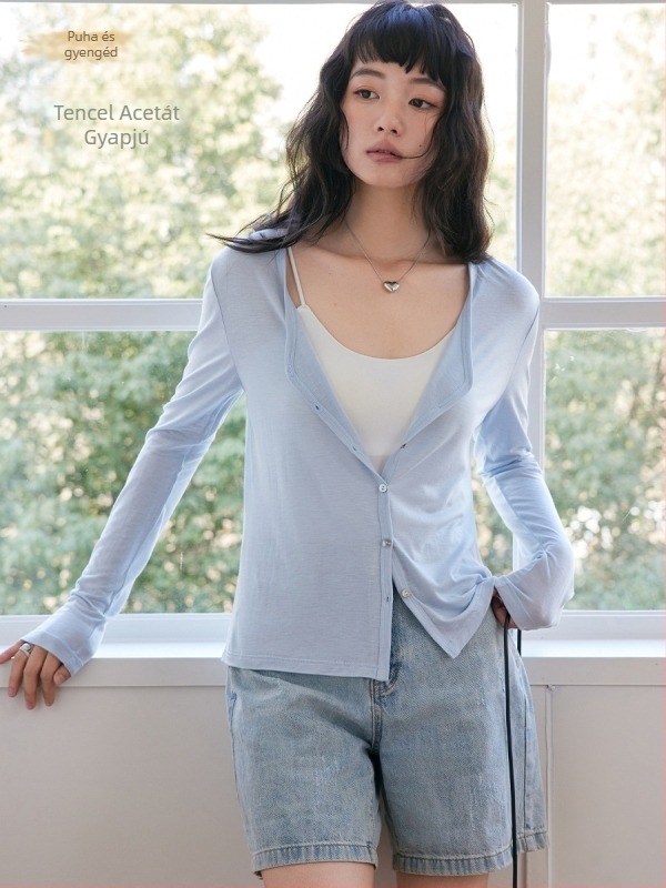 Női gombos kardigán felső, Lyocell (Tencel) 30–50% és gyapjú <30%, hosszú ujjú, fél-nyitott gallér, közép hosszú