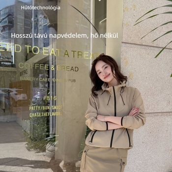 Női kapucnis nylon túra kabát UV-védelemmel, szélálló és vízlepergető, kültéri sportos stílus, nyár 2025