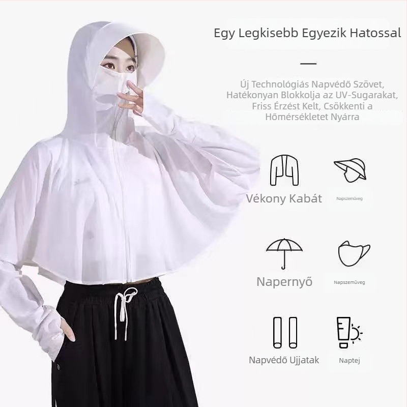 Női napvédő felső hosszú ujjú, gyorsan száradó poliészter ice silk anyag, kapucnival, friss és édes stílus, nyár 2024
