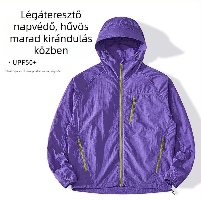 Uniszex kültéri szélkabát UPF50+, gyorsan száradó, ultrakönnyű nylonból, kapucnival