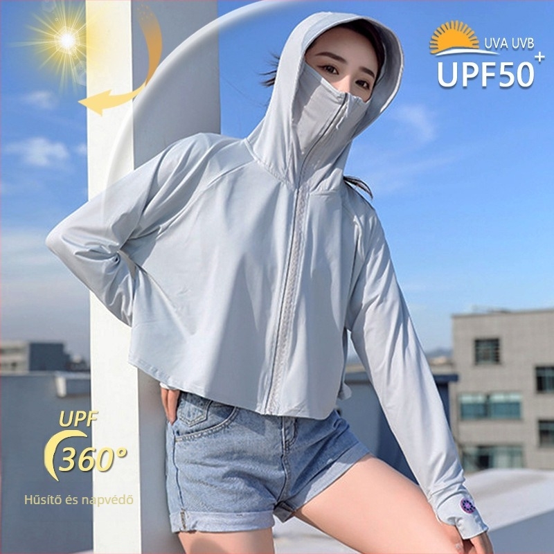 Női UV-védelmes ice-silk kabát, ultra-könnyű, szélálló, kapucnis, nylon-poliészter keverék