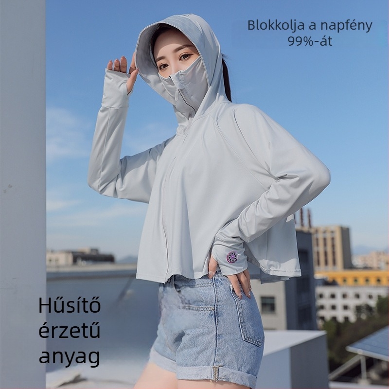 Női UV-védelmes ice-silk kabát, ultra-könnyű, szélálló, kapucnis, nylon-poliészter keverék
