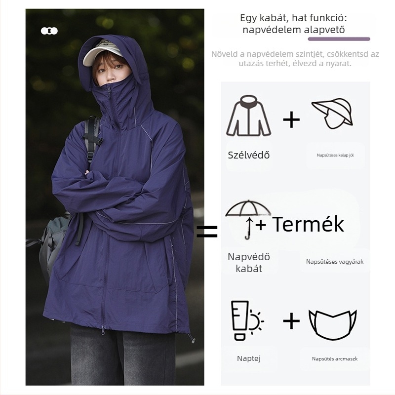 Unisex kültéri szélkabát, nylon anyag, UPF50+, kapucnival