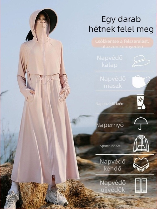 2025 nyár: ice silk anyagú UV-védelmi, lélegző teljes testet takaró ruházat széles karimájú kalappal, hosszú szabás, szoros fazon, nőknek